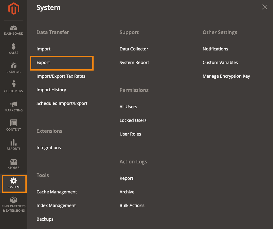 Magento 2 admin sidebar showing System menu expanded with Data Transfer and Export options
