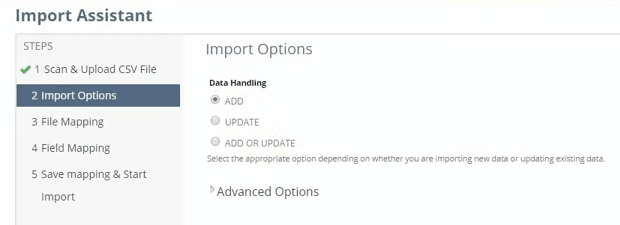 NetSuite Import Assistant Import Options page showing Data Handling options for ADD, UPDATE, or ADD OR UPDATE