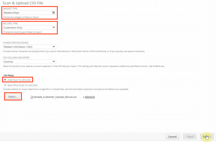 NetSuite Import Assistant Scan and Upload CSV File page showing import type, record type, character encoding, and file selection options