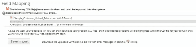 NetSuite CSV import error message showing field mapping validation failure details