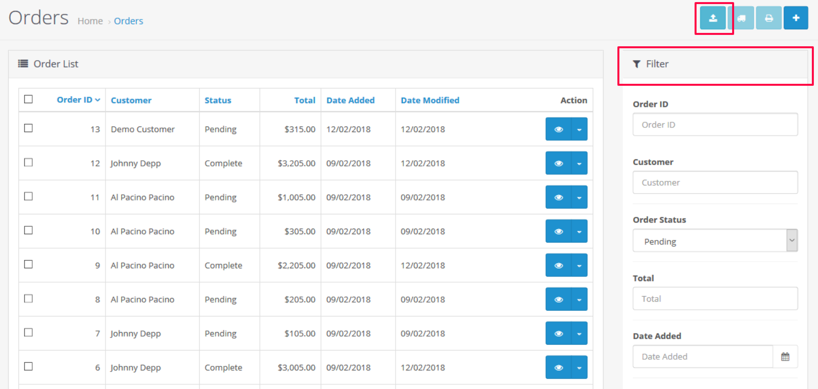 OpenCart admin panel showing the Sales Orders page with order list displaying ID, customer, status, total, and date columns