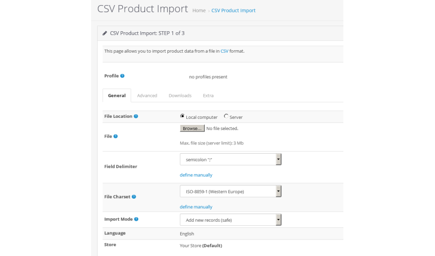 OpenCart CSV Product Import extension file upload interface