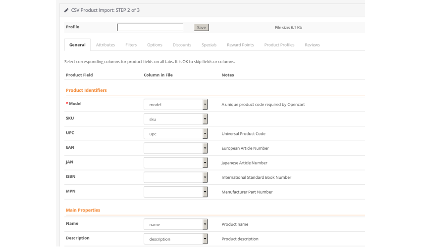 OpenCart CSV import column mapping interface linking CSV columns to product fields