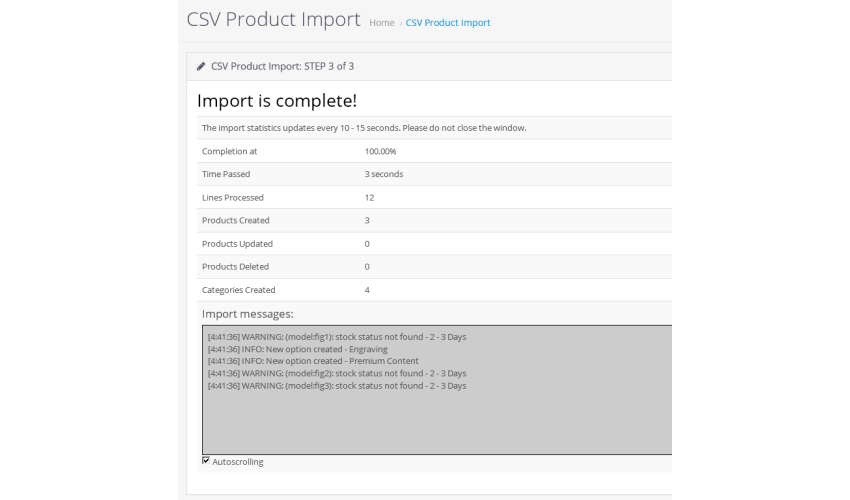 OpenCart CSV import progress and results screen
