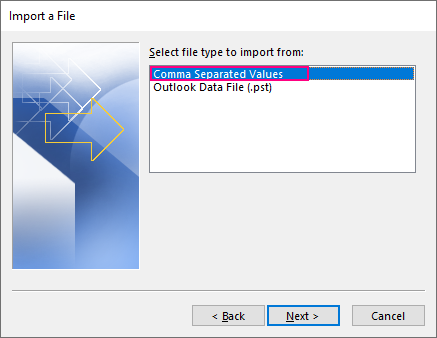 Outlook Import wizard showing Comma Separated Values selected as the file type