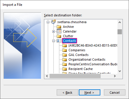 Outlook Import wizard showing the folder selection with Contacts folder highlighted