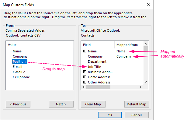 Outlook Map Custom Fields dialog for matching CSV columns to Outlook contact fields