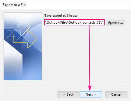 Outlook export save dialog showing file name and Browse button to choose save location