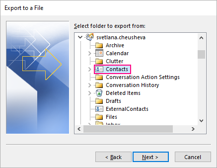 Outlook Export to a File dialog showing the folder tree with Contacts folder selected