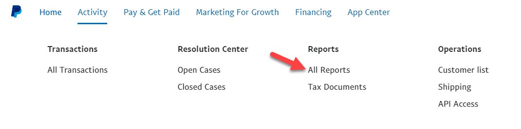 PayPal All Reports page showing the Activity Download option in the left sidebar menu