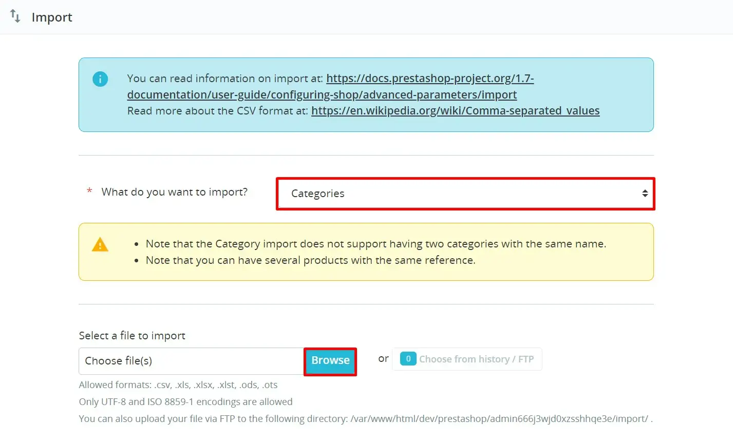 PrestaShop import settings showing file separator and language configuration