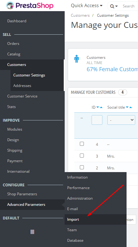 PrestaShop Back Office Catalog Products page showing the product list with ID, image, name, reference, category, price, and status columns