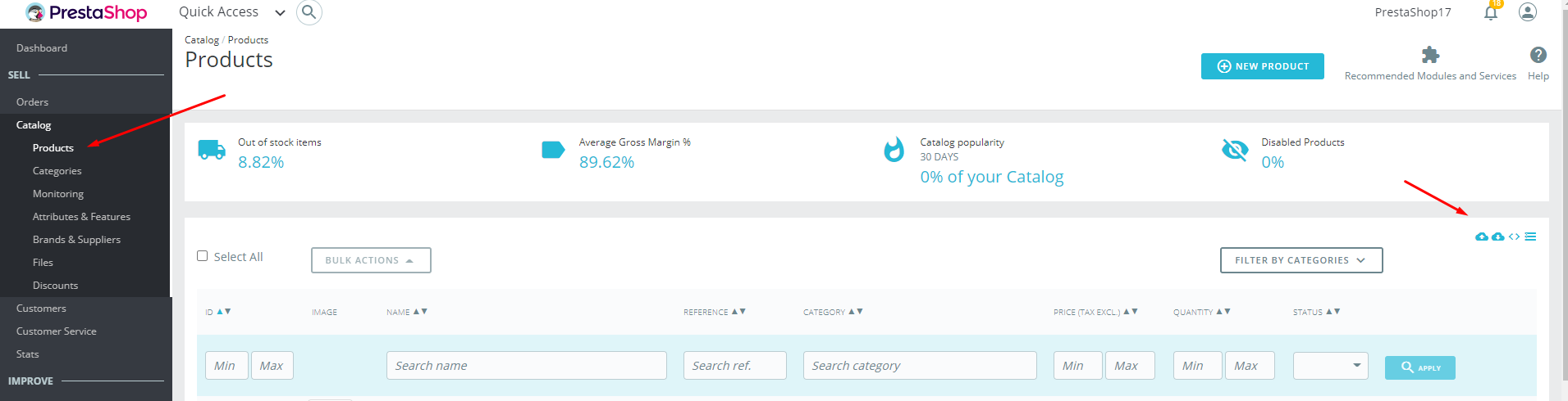 PrestaShop product list toolbar showing the Export button in the top-right area of the page