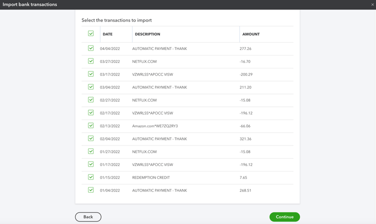QuickBooks Online review screen for imported bank transactions