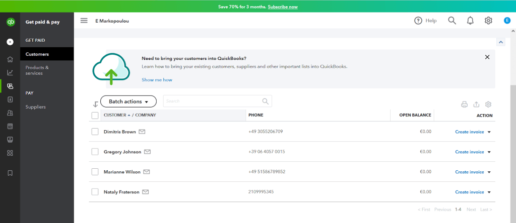 QuickBooks Online Sales menu expanded showing the Customers option selected in the left navigation sidebar