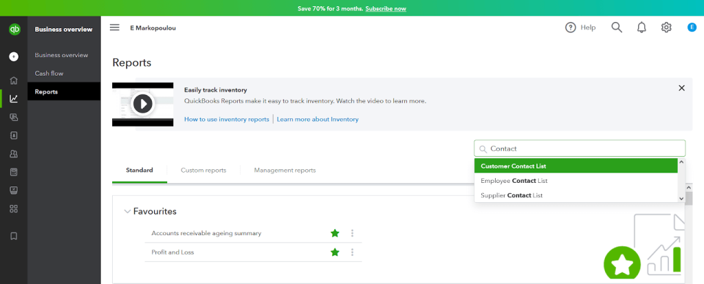 QuickBooks Online Reports page showing the Customer Contact List report being searched and selected