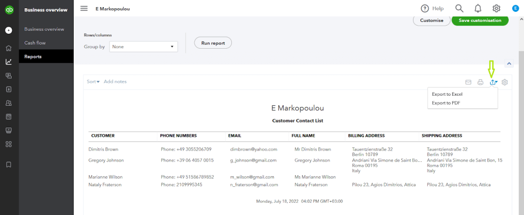 QuickBooks Online report export dropdown showing Export to Excel and Export to PDF options