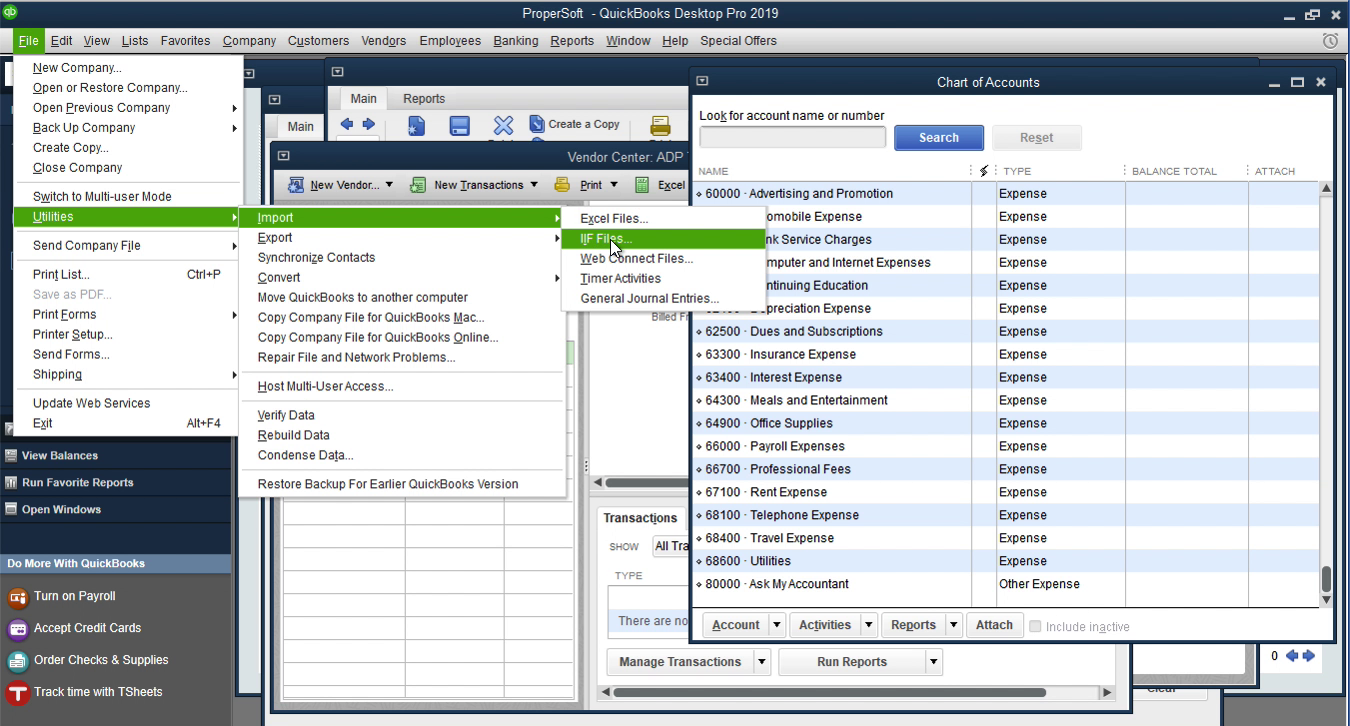 QuickBooks Desktop File menu showing Utilities > Import > IIF Files path