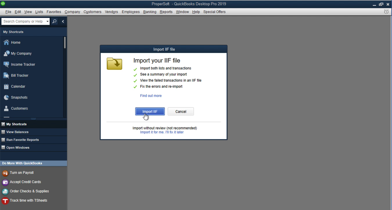 QuickBooks Desktop dialog asking to close all windows before IIF import