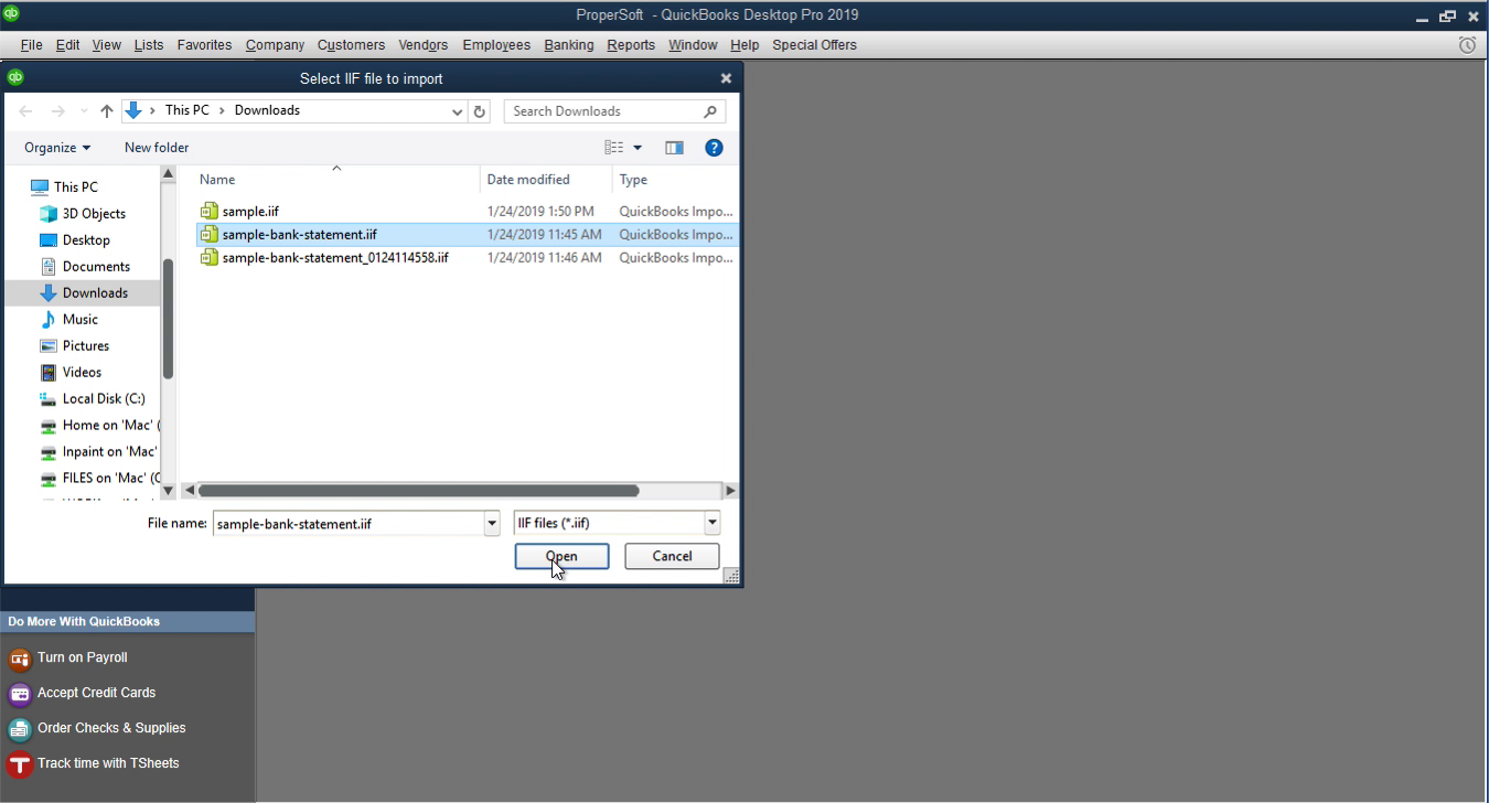 Windows file browser dialog for selecting the IIF file to import