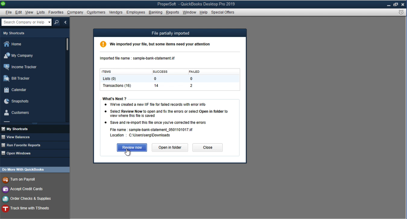 QuickBooks Desktop IIF import confirmation dialog
