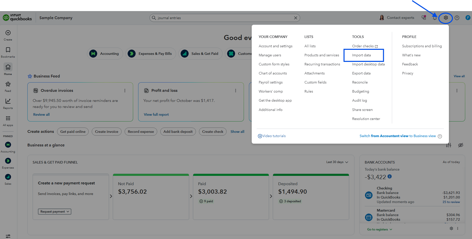 QuickBooks Online Import Data page showing Journal Entries option