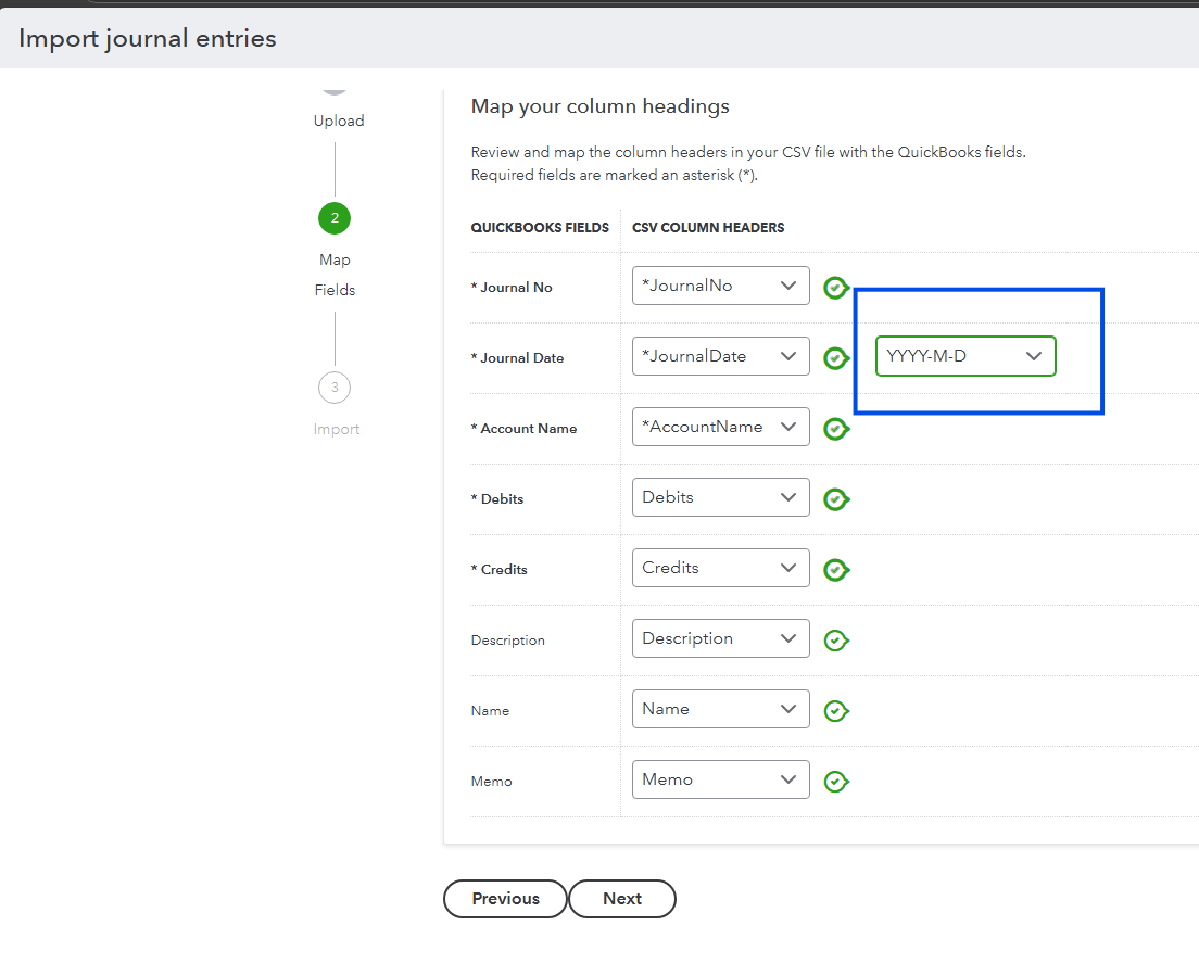 QuickBooks Online field mapping screen for journal entry import