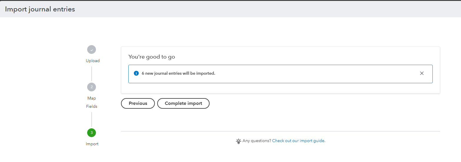 QuickBooks Online journal entry import completion screen