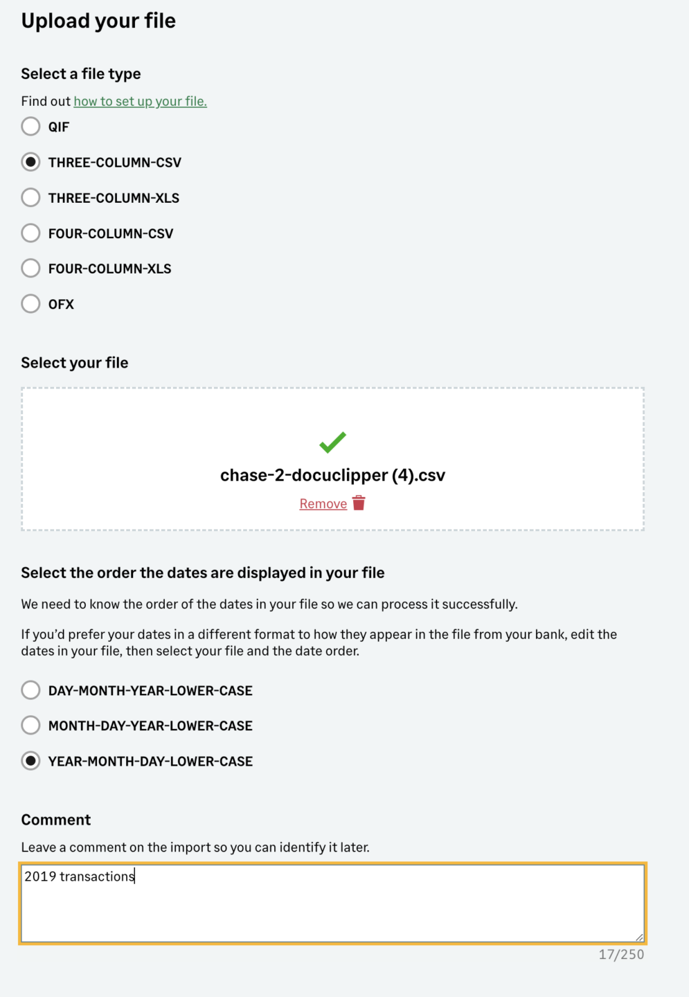 Sage bank statement upload page showing file type selection (THREE-COLUMN-CSV), file upload area, and date format options