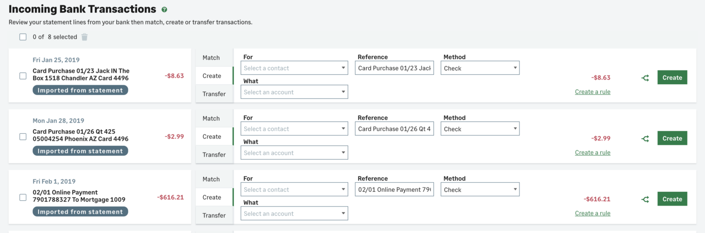 Sage Incoming Bank Transactions screen showing imported transactions with match, create, and transfer options for each entry