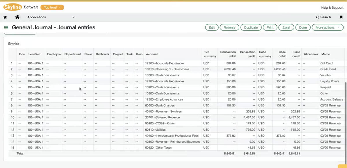 Sage Intacct General Journal entries view showing imported journal entry lines with accounts, debits, credits, and dimension columns