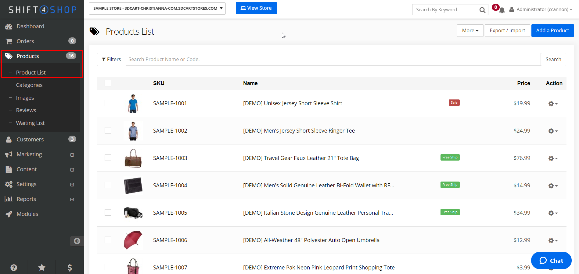 Shift4Shop admin panel Product List page showing products with names, SKUs, prices, and stock levels