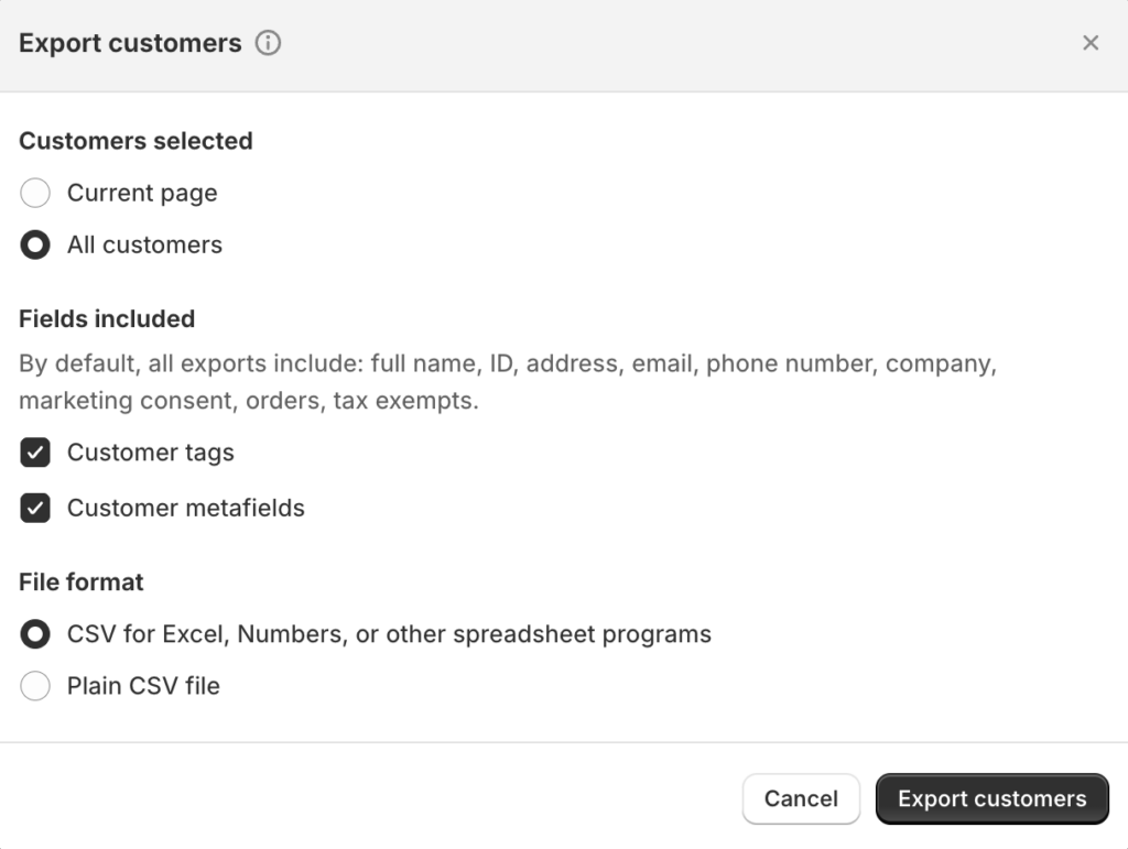 Shopify admin Customers page showing the customer list with the Export button in the top-right corner