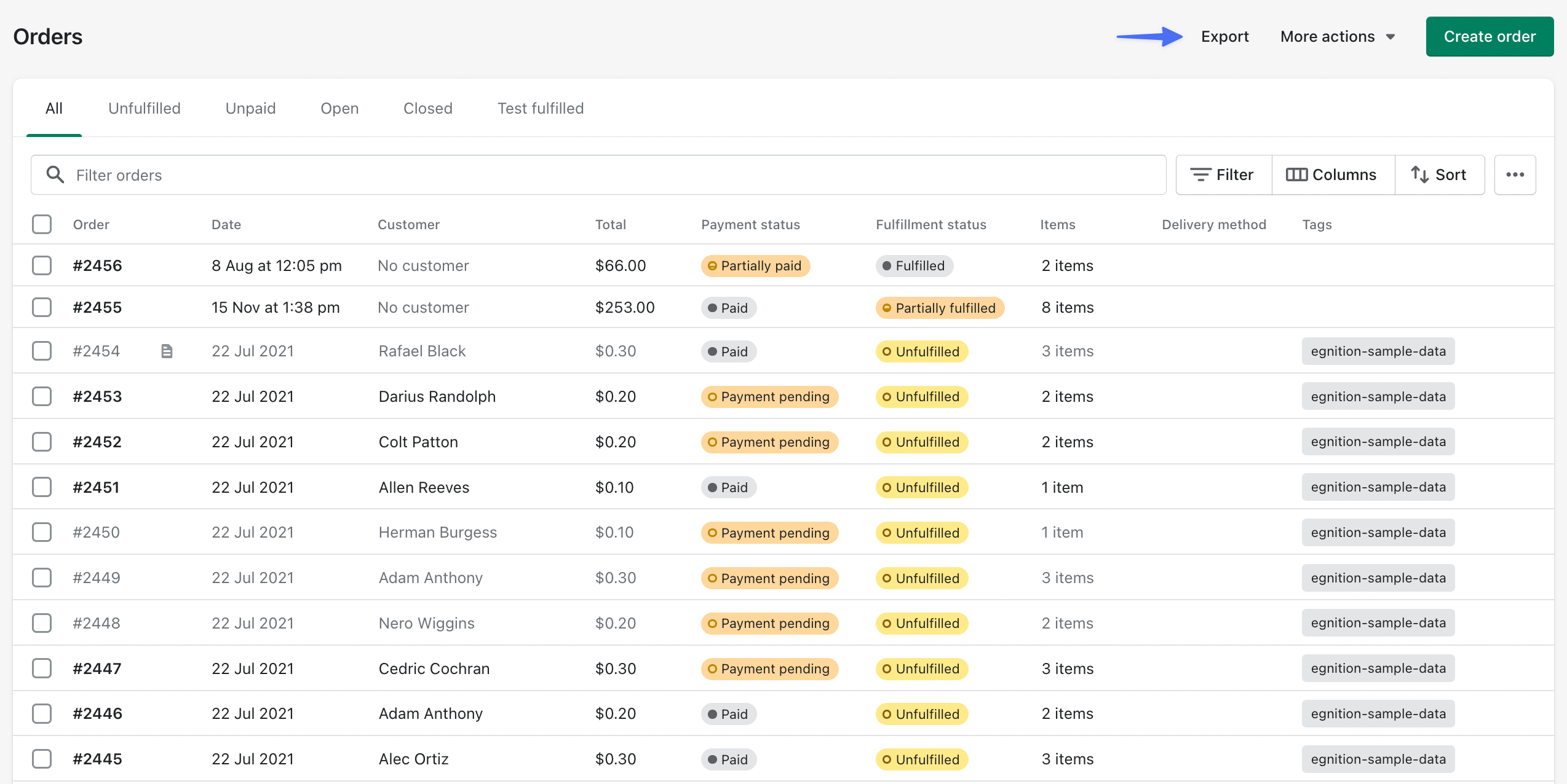 Shopify admin Orders page showing the list of orders with the Export button highlighted in the top-right corner