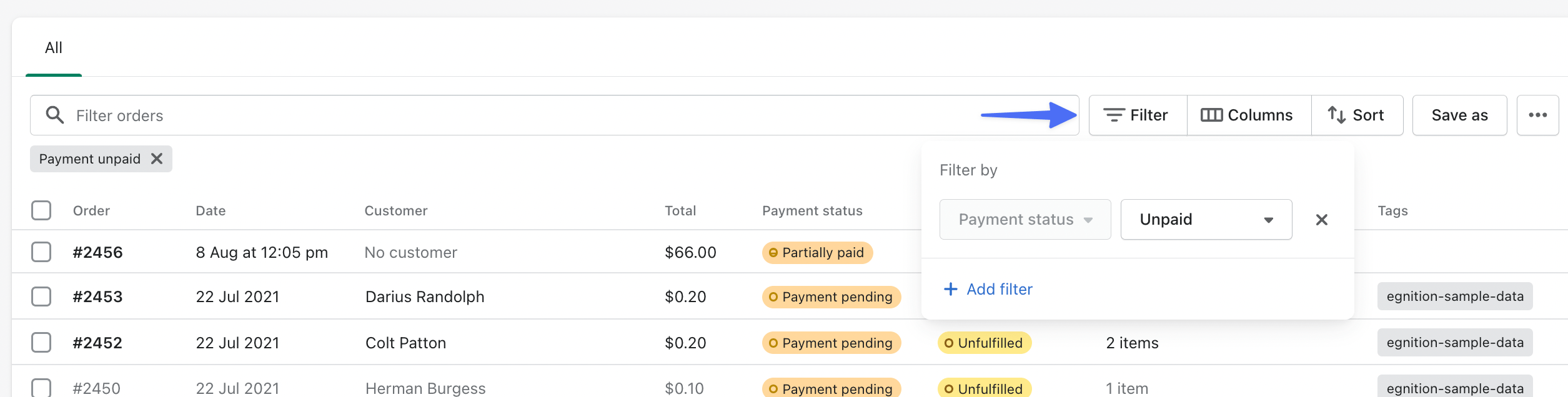 Shopify admin Orders page with filter options displayed for narrowing down the order list