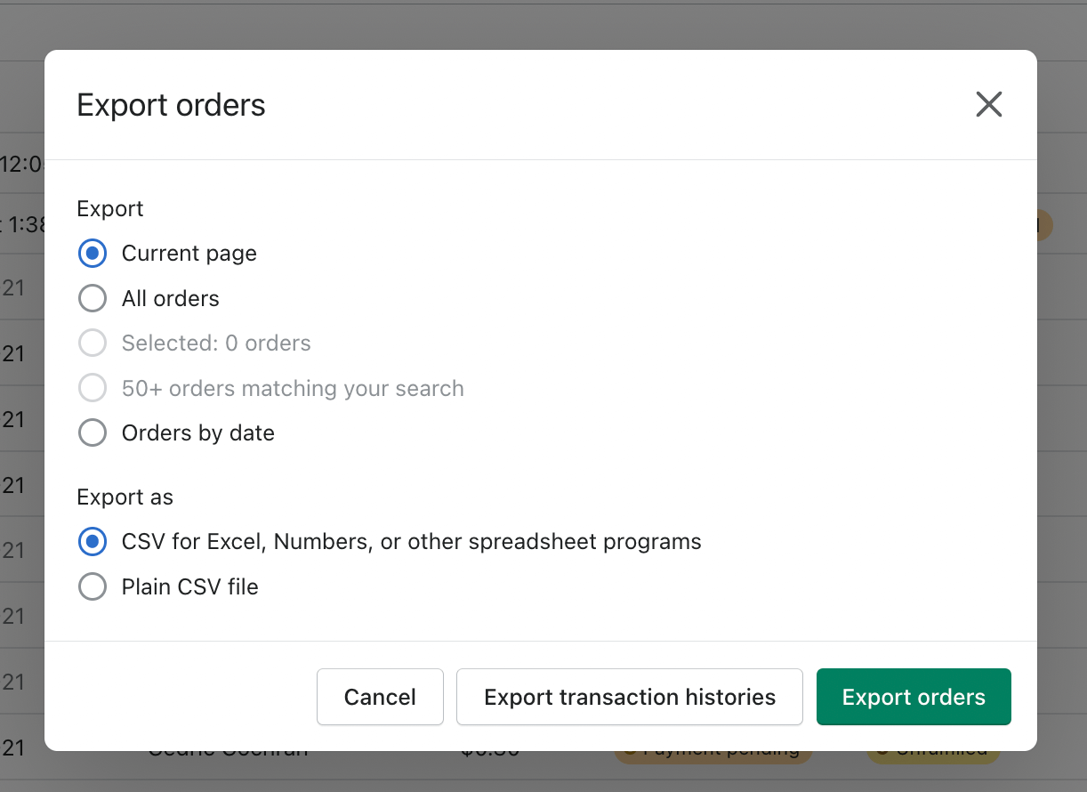 Shopify export dialog showing options for selecting which orders to export and the CSV format choice