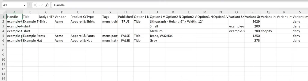 Shopify product CSV template opened in a spreadsheet showing column headers