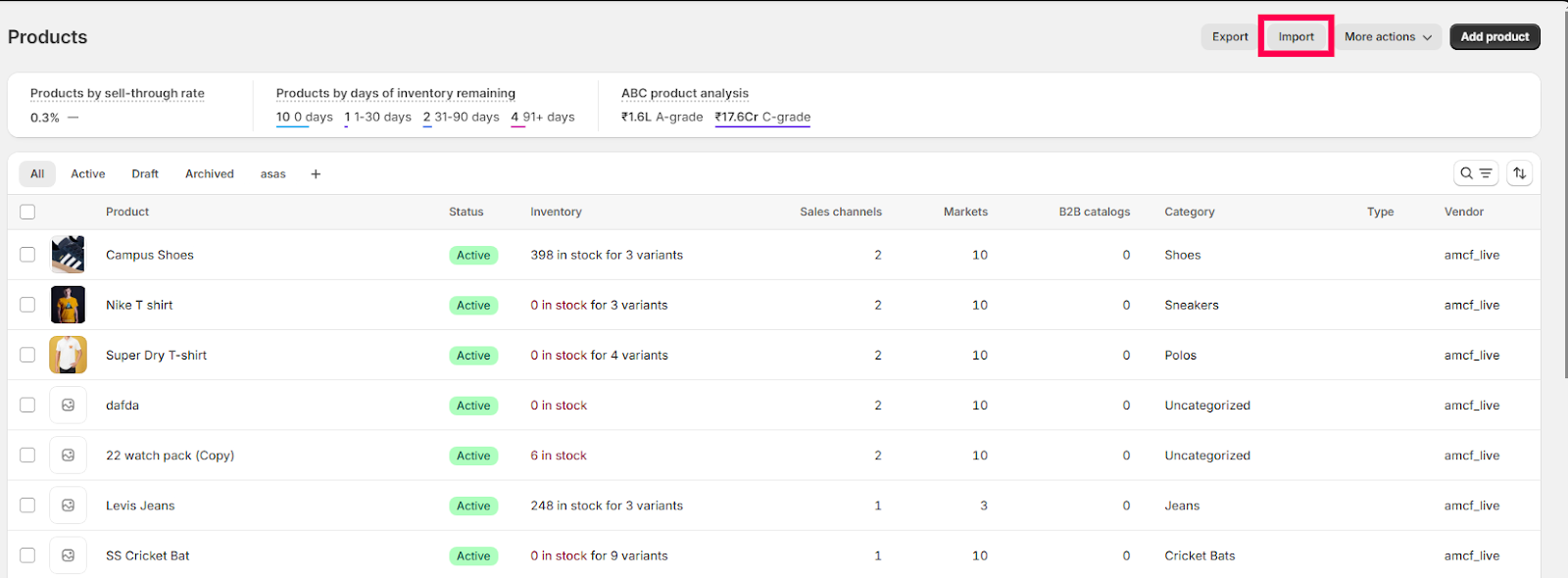 Shopify admin Products page with the Import button highlighted