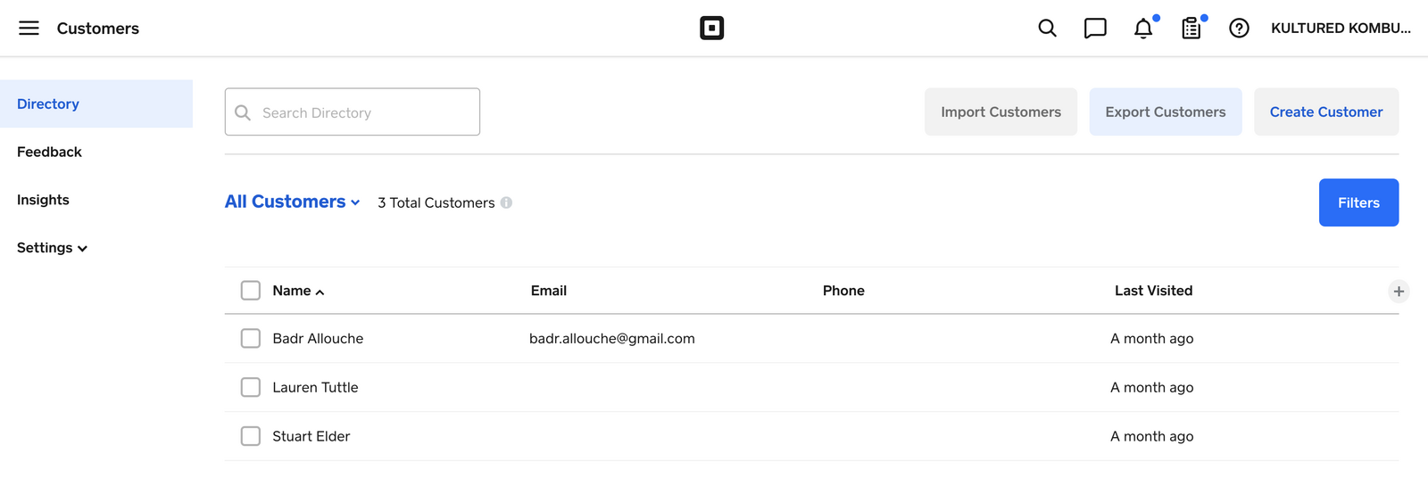 Square Customer Directory page showing the Import Customers and Export Customers buttons at the top