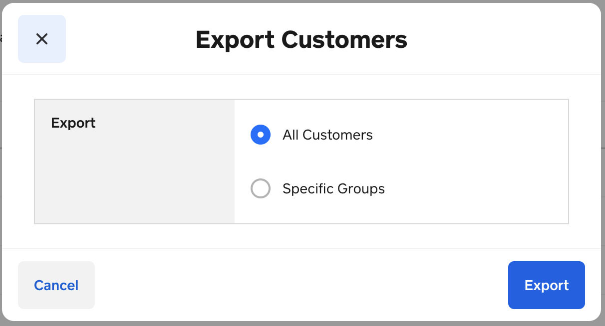 Square Export Customers dialog with options to export All Customers or Specific Groups