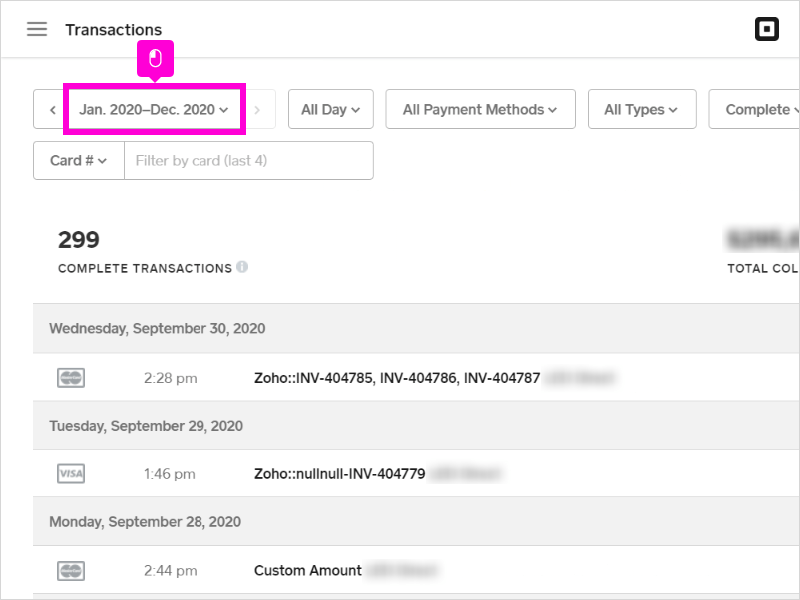 Square Dashboard Transactions page with date range filter showing selectable time periods