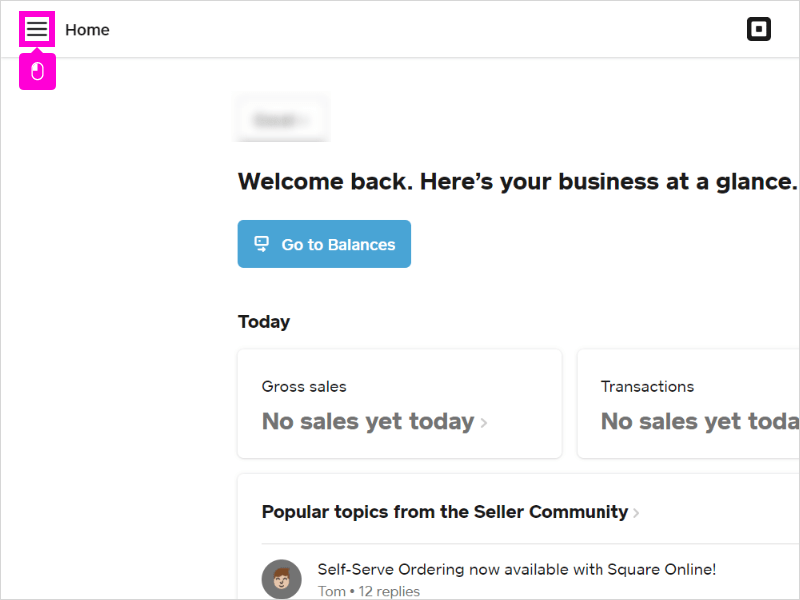Square Dashboard home page showing the main navigation and business overview