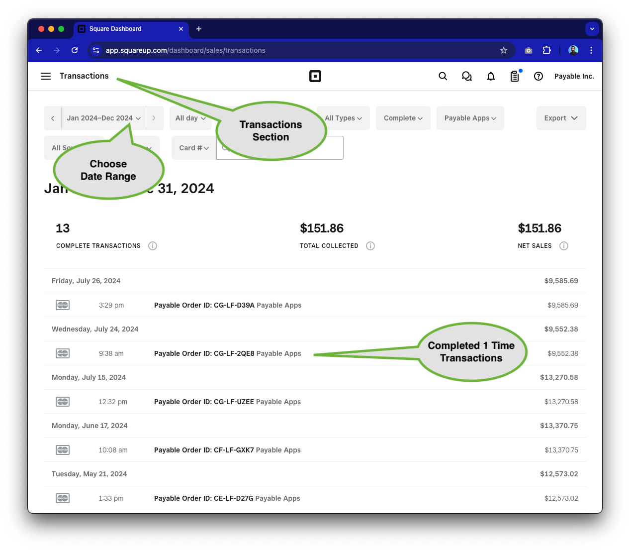 Square Dashboard Transactions page showing a list of payment transactions with amounts, dates, and status columns