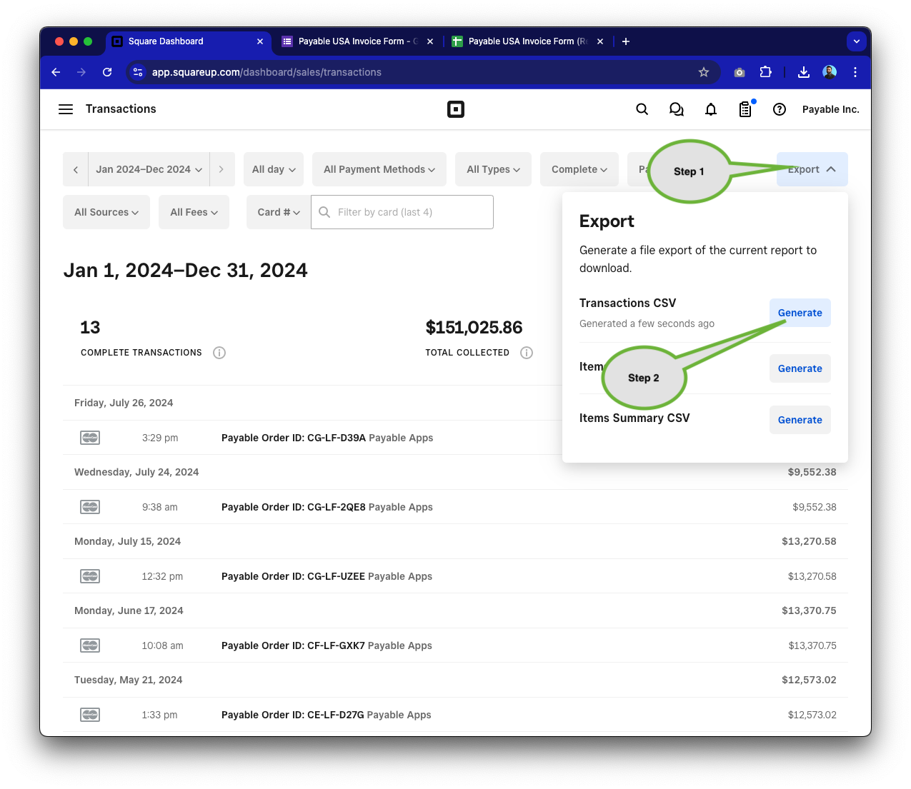 Square Dashboard Export dropdown menu showing Transactions CSV option highlighted