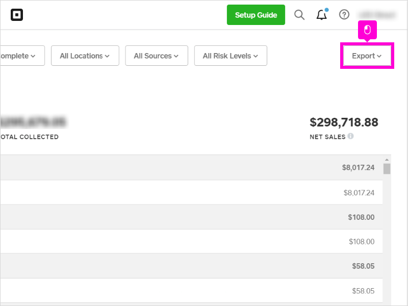Square Dashboard showing filter dropdowns for Complete, All Locations, All Sources, and All Risk Levels with the Export button highlighted in the top-right corner