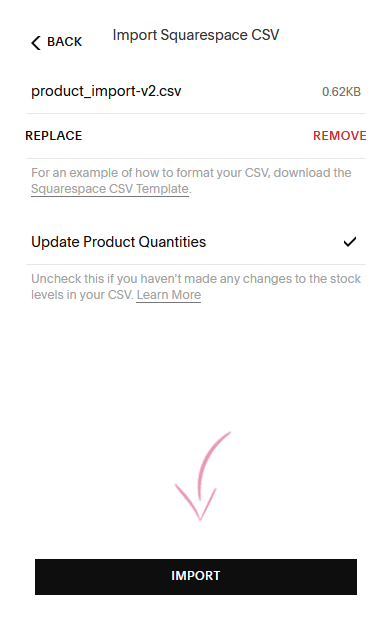 Squarespace import dialog with Import button to start product import