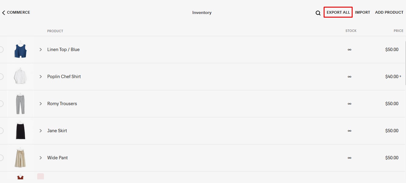 Squarespace admin panel Products section showing the product management page with list of physical and service products