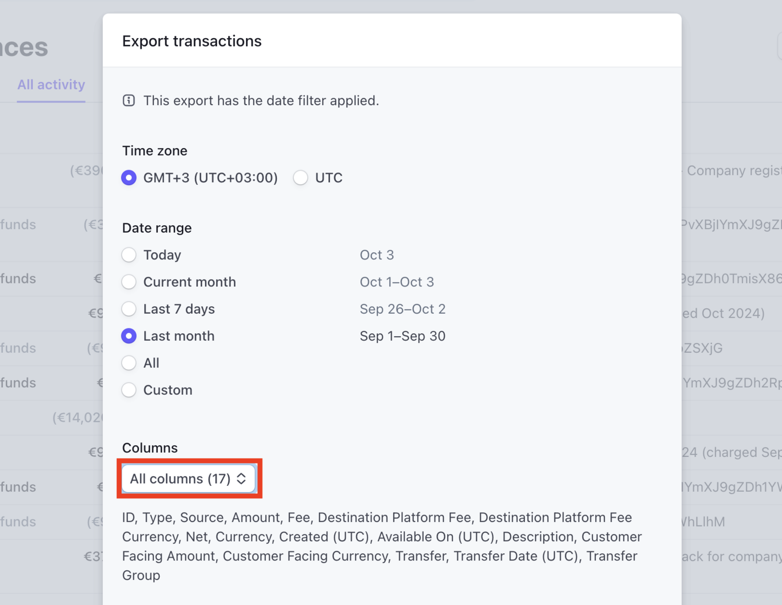 Stripe Export transactions dialog showing Time zone and Date range options with Last month selected, and a Columns dropdown set to All columns listing fields like ID, Type, Source, Amount, Fee, Net, Currency, and more