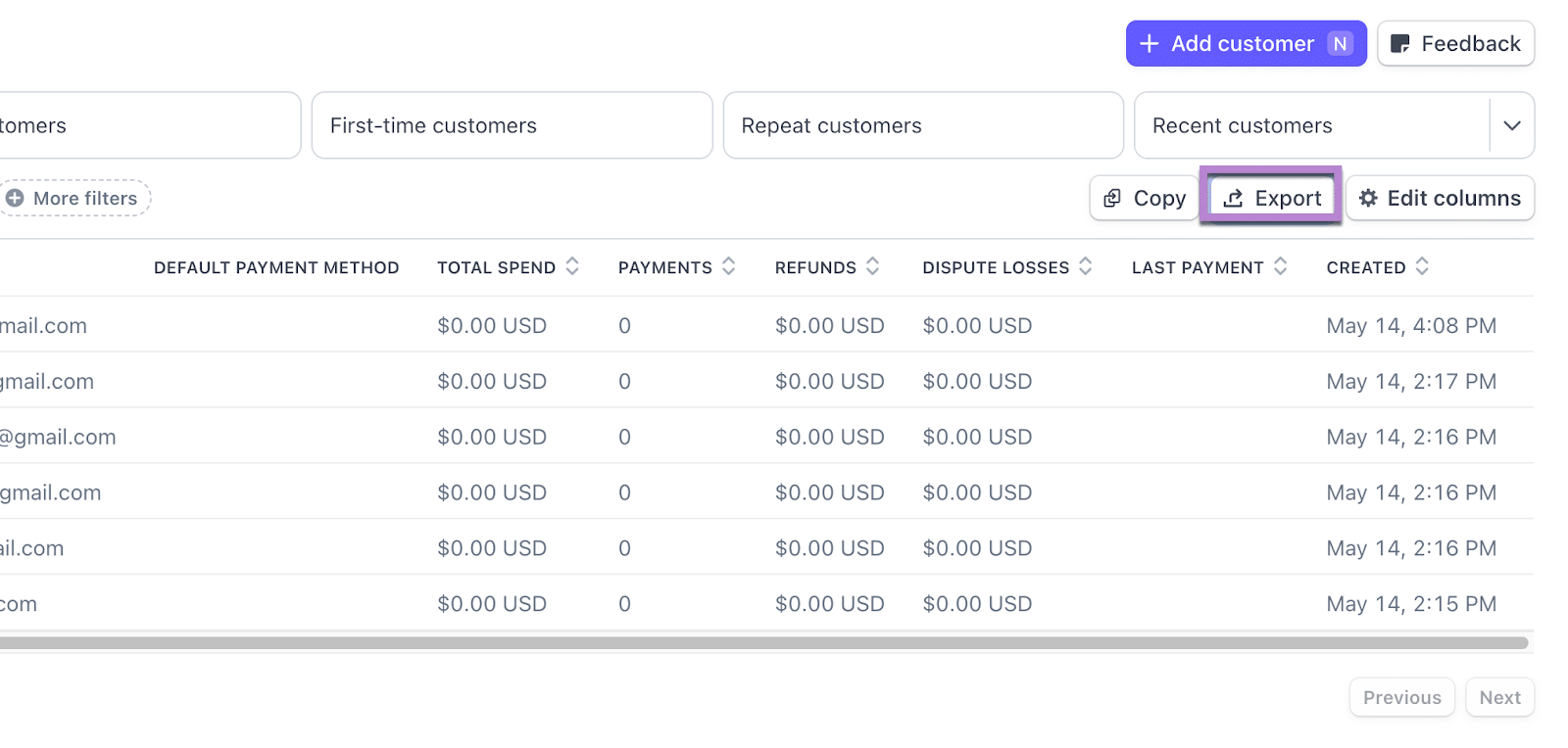 Stripe Dashboard Customers page showing customer list with columns for Default Payment Method, Total Spend, Payments, Refunds, and Dispute Losses, with the Export button highlighted in the toolbar between Copy and Edit columns