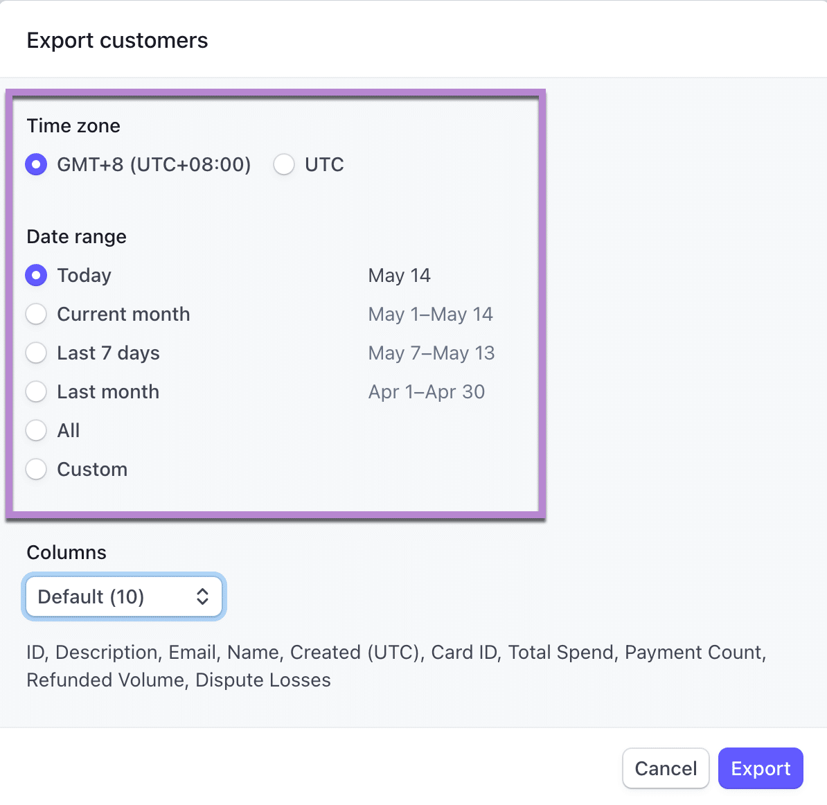 Stripe Export customers dialog showing Time zone and Date range options with preset ranges like Today, Current month, Last 7 days, and Last month, plus a Columns dropdown set to Default with 10 columns listed